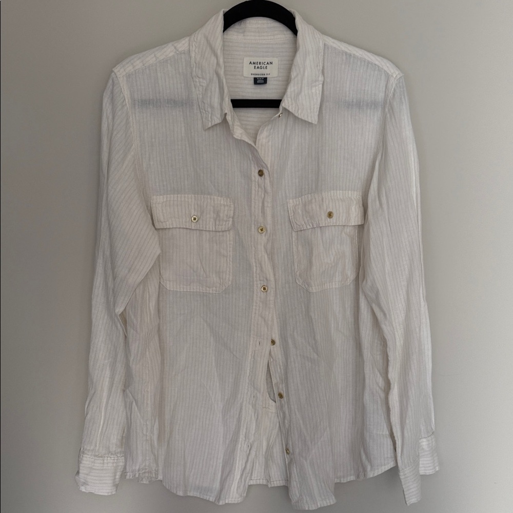 American Eagle Off White Linen Pinstripe Blouse
